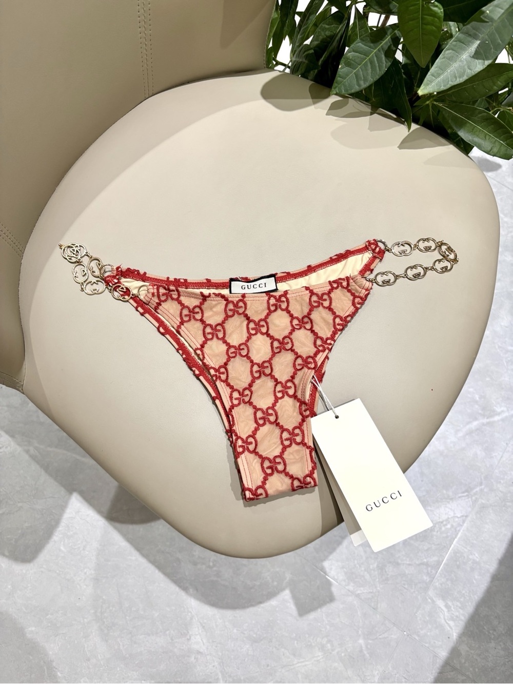 Gucci Beige and Red GG Logo Triangle Bikini Set - Picture 8 of 9